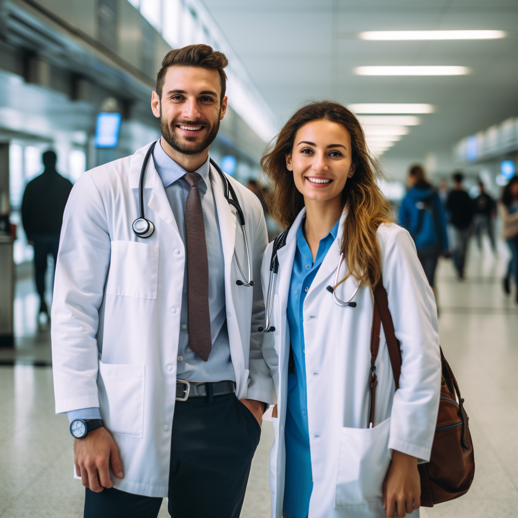 Image représentant deux médecins internationaux dans un aéroport et prêt à voyager afin d'imager l'expatriation de médecins internationaux vers la France.