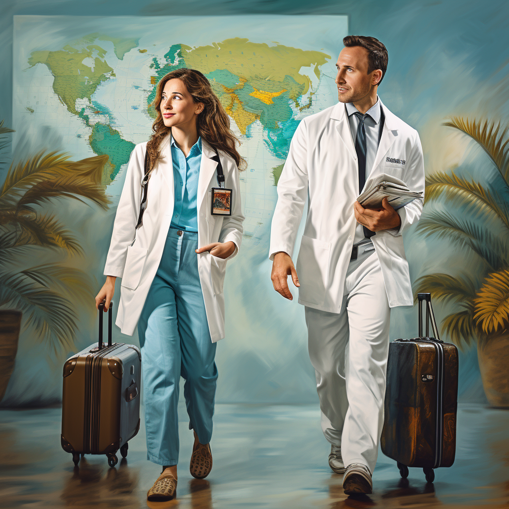 Image représentant deux médecins français en train de voyager afin d'imager l'expatriation de médecins dans le monde.
